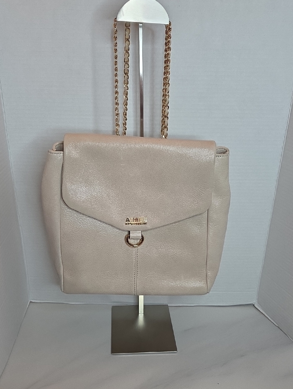 Aimee Kestenberg Cream Leather Backpack Crossbody with Gold Chain